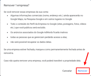 Confirmação de remoção do Perfil da empresa no Google